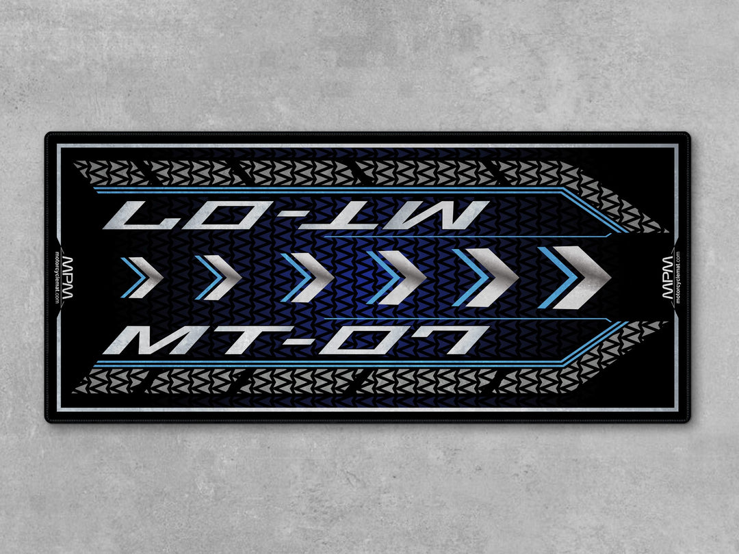 Yamaha MT-07 Blue Motorcycle Garage mat with Thermoplastic Rubber floor cover, bike zone display carpet, track prep.
