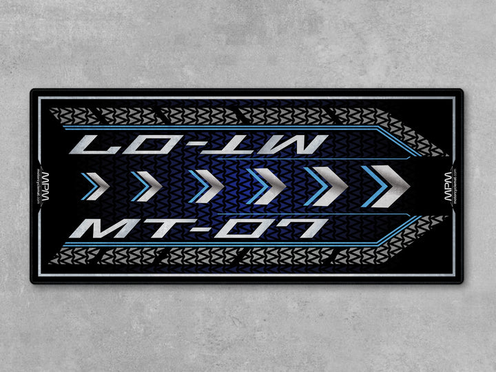 Yamaha MT-07 Blue Motorcycle Garage mat with Thermoplastic Rubber floor cover, bike zone display carpet, track prep.

