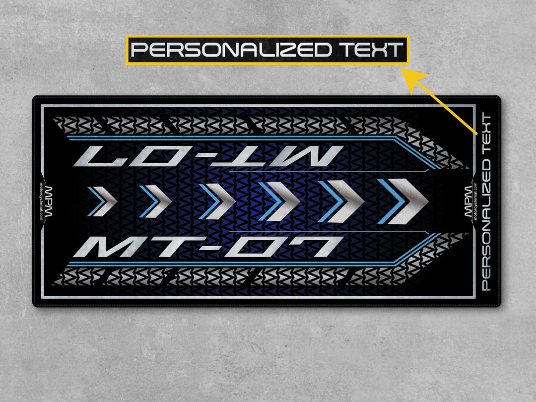 Yamaha MT-07 Blue Motorcycle Garage mat – black blue motorcycle display rug, durable floor cover for garage protection.

