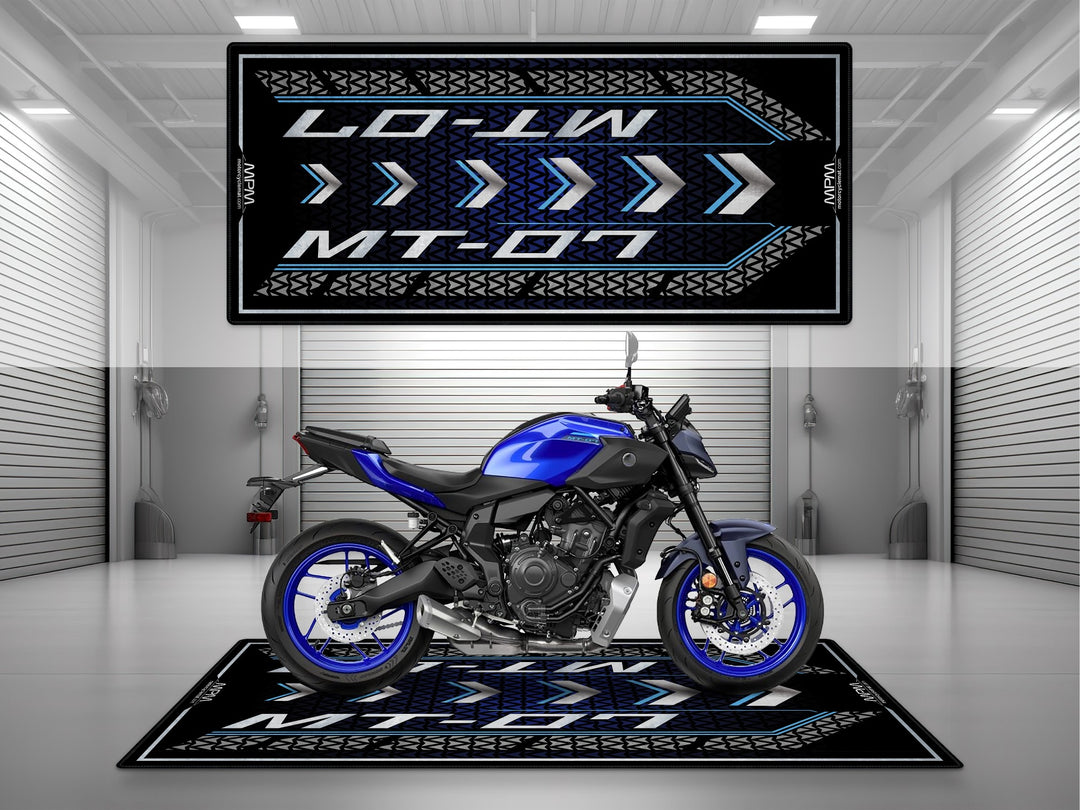 Yamaha MT-07 Blue Motorcycle Garage mat – black blue pit rug, parking mat, showroom floor cover for rider essentials.
