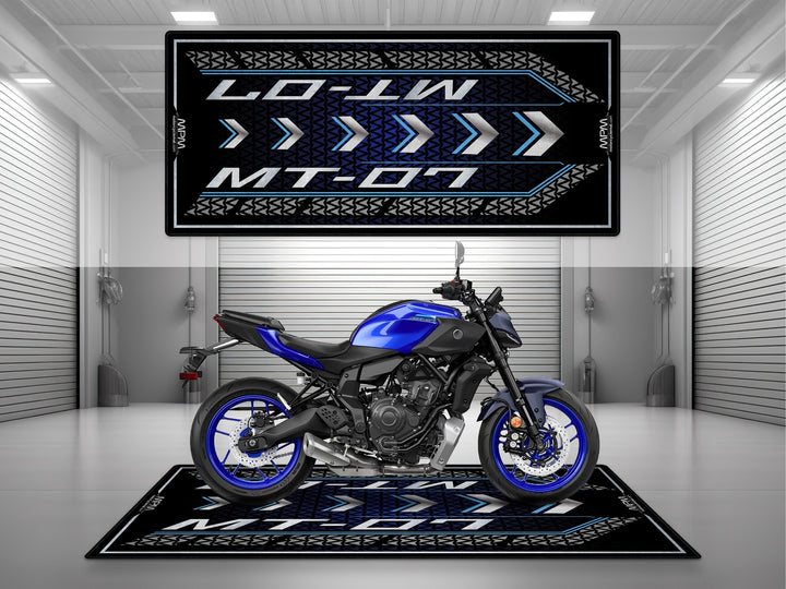 Yamaha MT-07 Blue Motorcycle Garage mat – black blue pit rug, parking mat, showroom floor cover for rider essentials.

