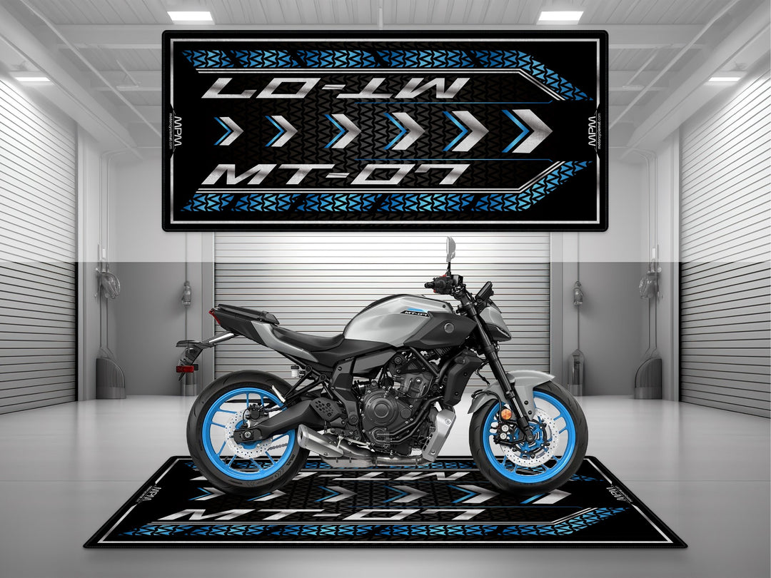 Yamaha MT-07 Silver Motorcycle Garage mat – grey blue pit rug, parking mat, showroom floor cover for rider essentials.
