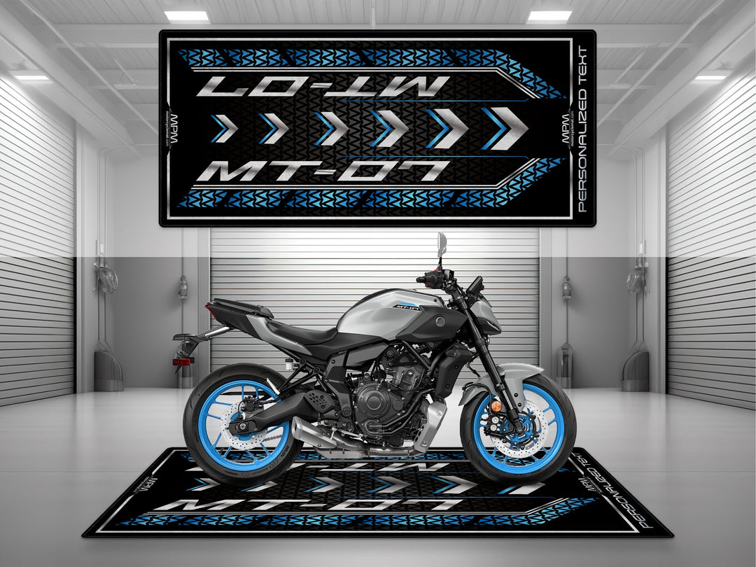 Yamaha MT-07 Silver Motorcycle Garage mat – personalized custom pit rug, superbike garage gift accessory, motorcycle gear.
