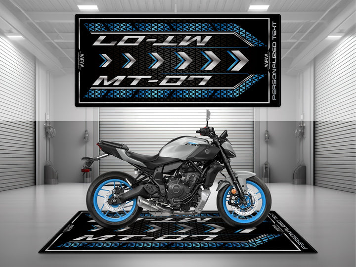 Yamaha MT-07 Silver Motorcycle Garage mat – personalized custom pit rug, superbike garage gift accessory, motorcycle gear.
