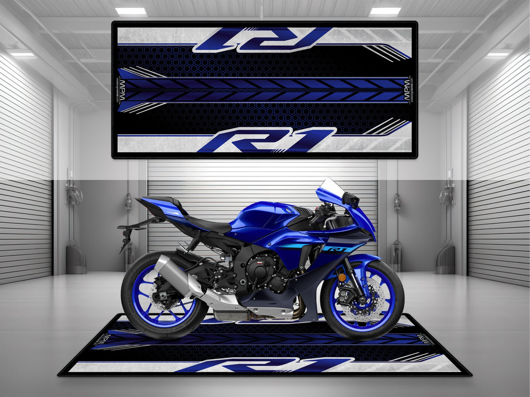 Yamaha R1 Blue motorcycle garage mat – parking mat, showroom rug, floor cover, superbike garage setup, racetrack style pit mat.

