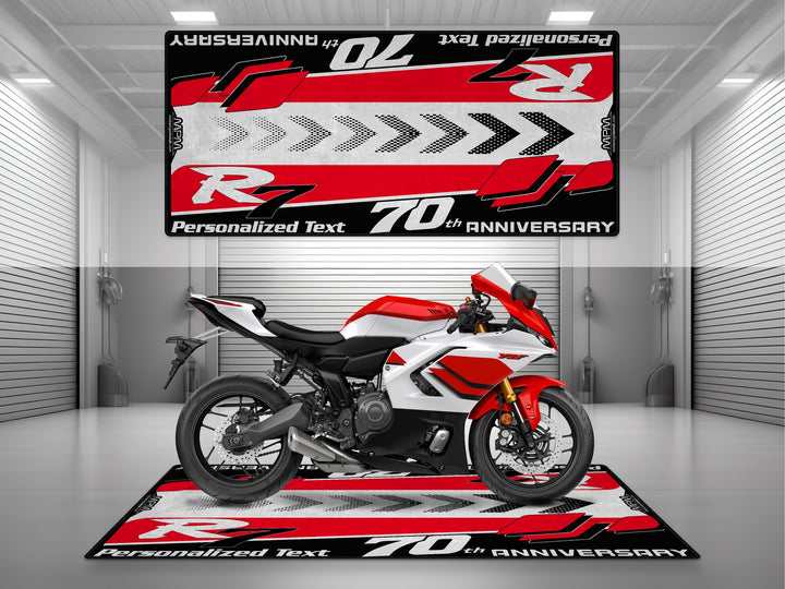 Yamaha R7 70th Anniversary Red White Motorcycle Garage Mat as custom pit rug gift for rider