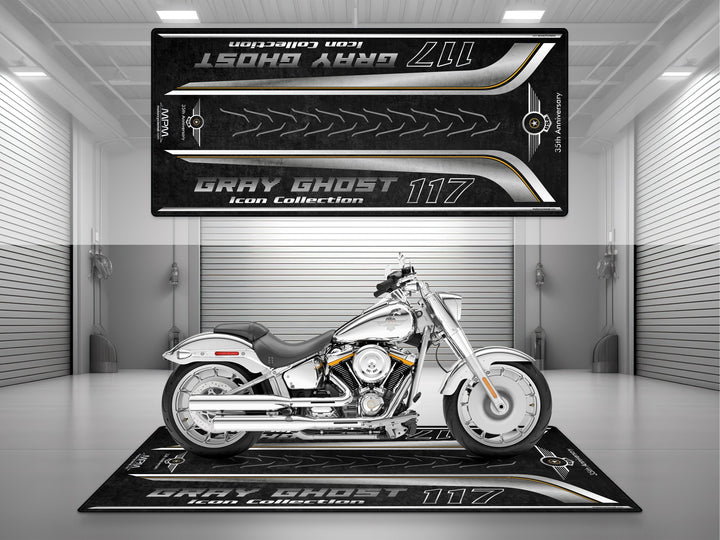 Gray Ghost 117 custom pit rug for your showroom or garage mat setup; ideal floor cover and motorcycle display.
