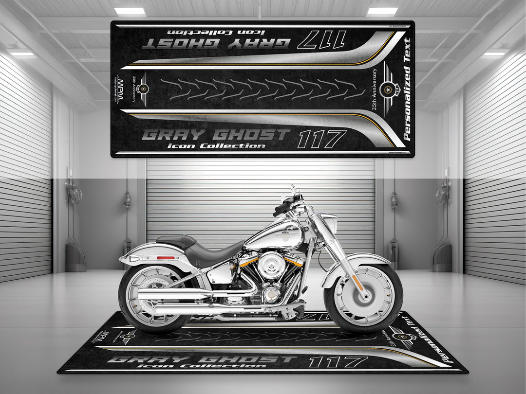 Personalized garage mat for your Harley 117; motorcycle gear meets accessory with gift-worthy pit mat appeal.
