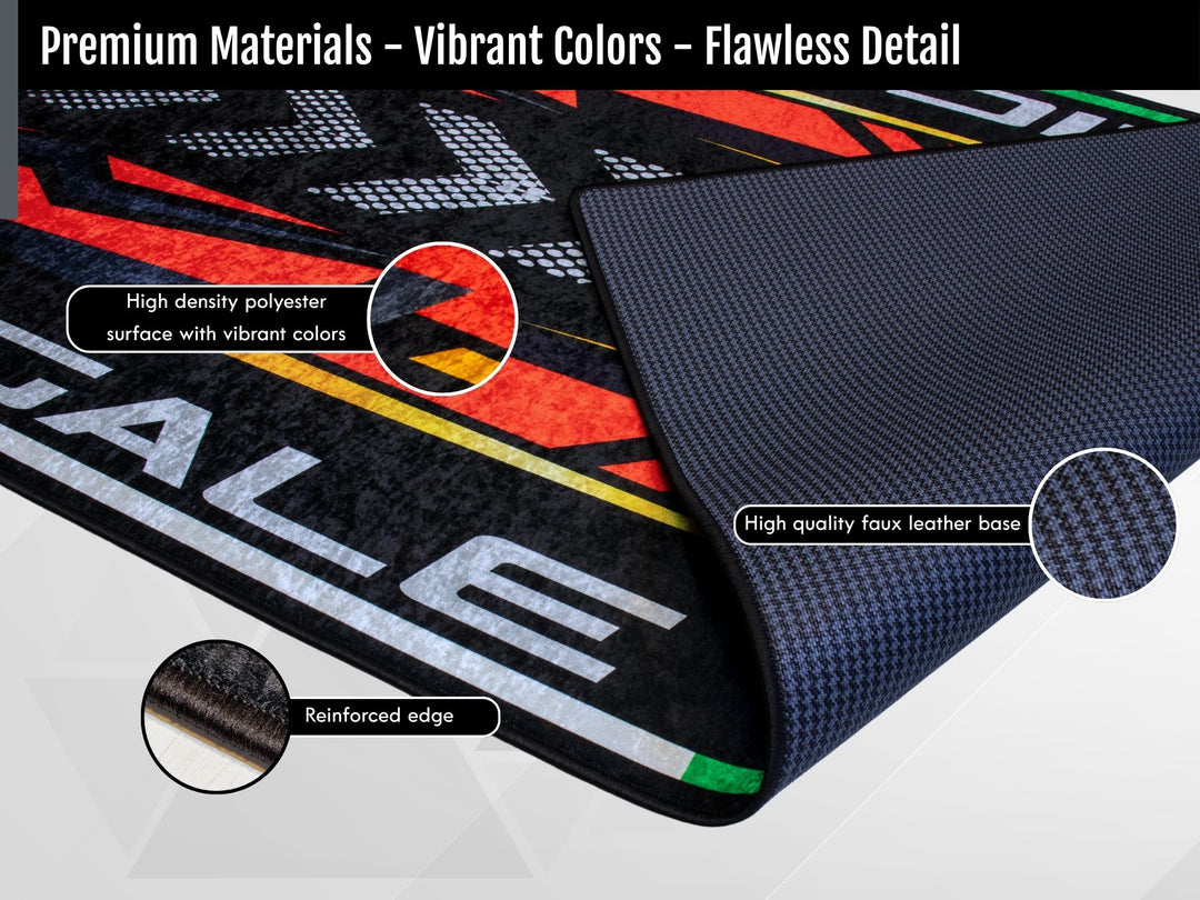 Close-up view of MPM Motorcycle Mat material showing non-slip base, liquid-proof surface, and reinforced edges.
