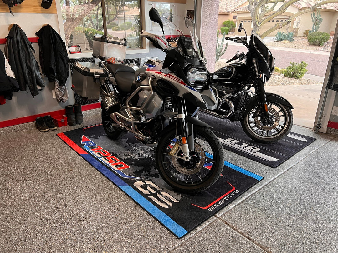 BMW R1250 GS Black White Blue Motorcycle Garage Mat displayed in real garage on MPM floor cover