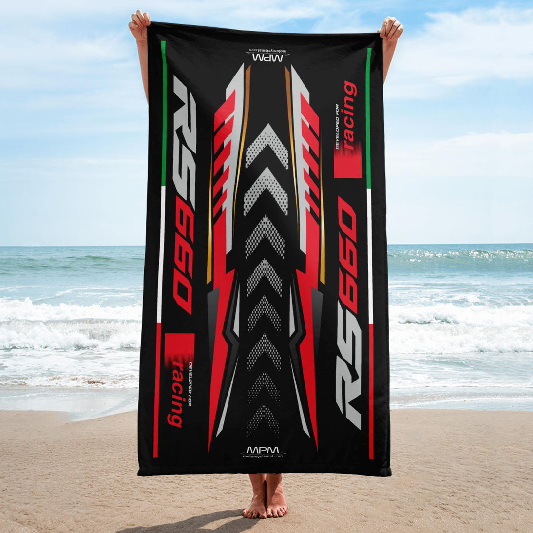 Designed Beach Towel Inspired by Aprilia RS660 Racing Black Color Motorcycle Model - MM9275