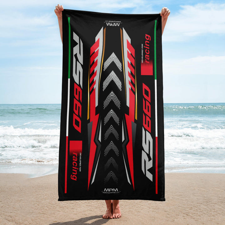 Designed Beach Towel Inspired by Aprilia RS660 Racing Black Color Motorcycle Model - MM9275