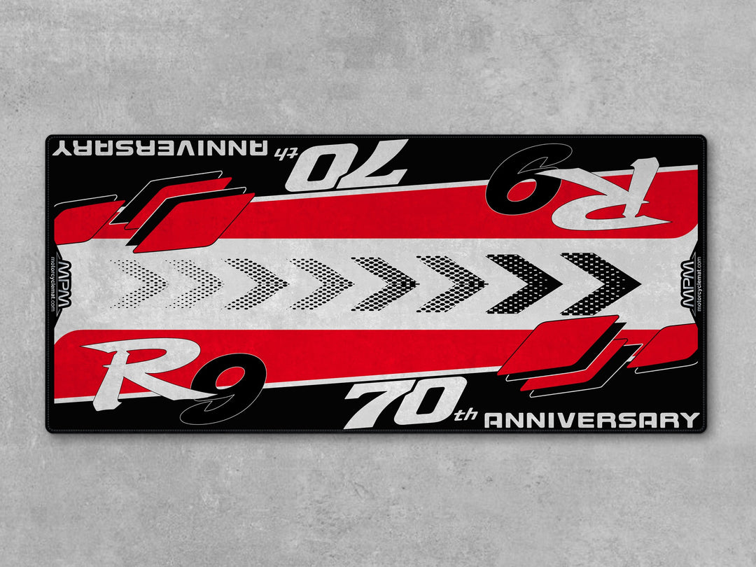 Yamaha R9 70th Anniversary Red White Motorcycle Garage Mat in racetrack track prep setting
