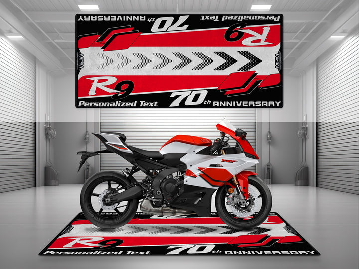 Yamaha R9 70th Anniversary Red White Motorcycle Garage Mat as custom pit rug gift for rider