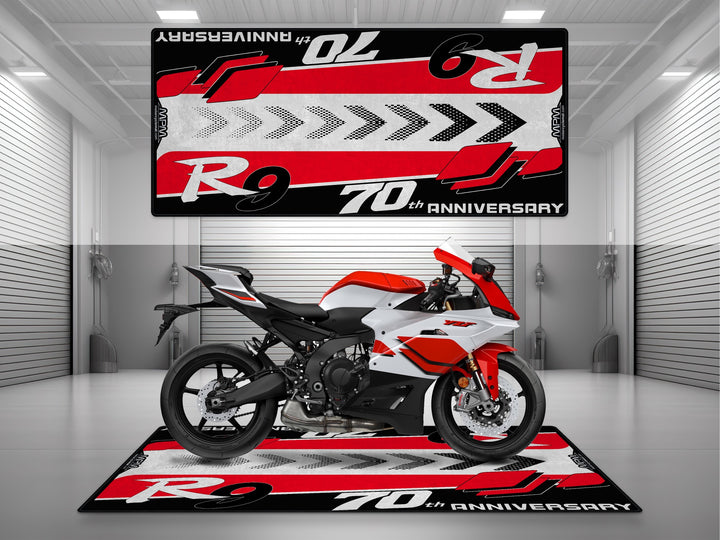 Yamaha R9 70th Anniversary Red White Motorcycle Garage Mat displayed on MPM showroom bike zone